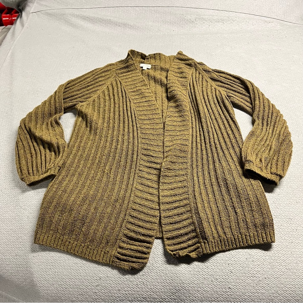 Garnet Hill Olive Green Khaki 100% Organic Cotton Chunky Sweater Cardigan XS EUC